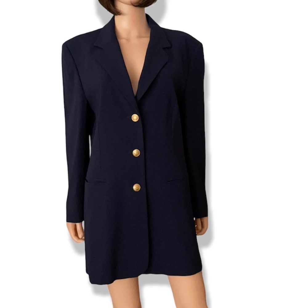 NWOT Escada Laurel Division Navy Blue Virgin Wool Longline Blazer Gold Buttons